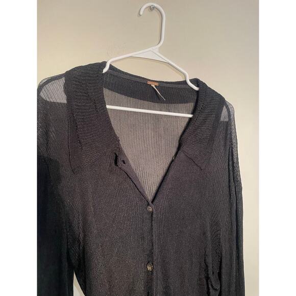 Free People Black Sheer Ribbed Slinky Button Down Long Sleeve Top - Picture 6 of 12